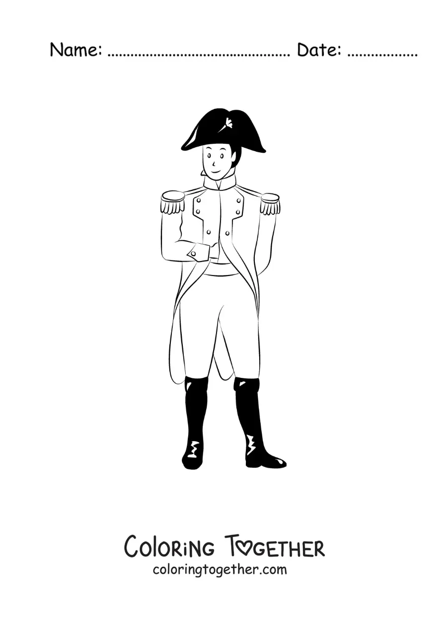Coloring page of an animated Napoleon Bonaparte in his general's uniform