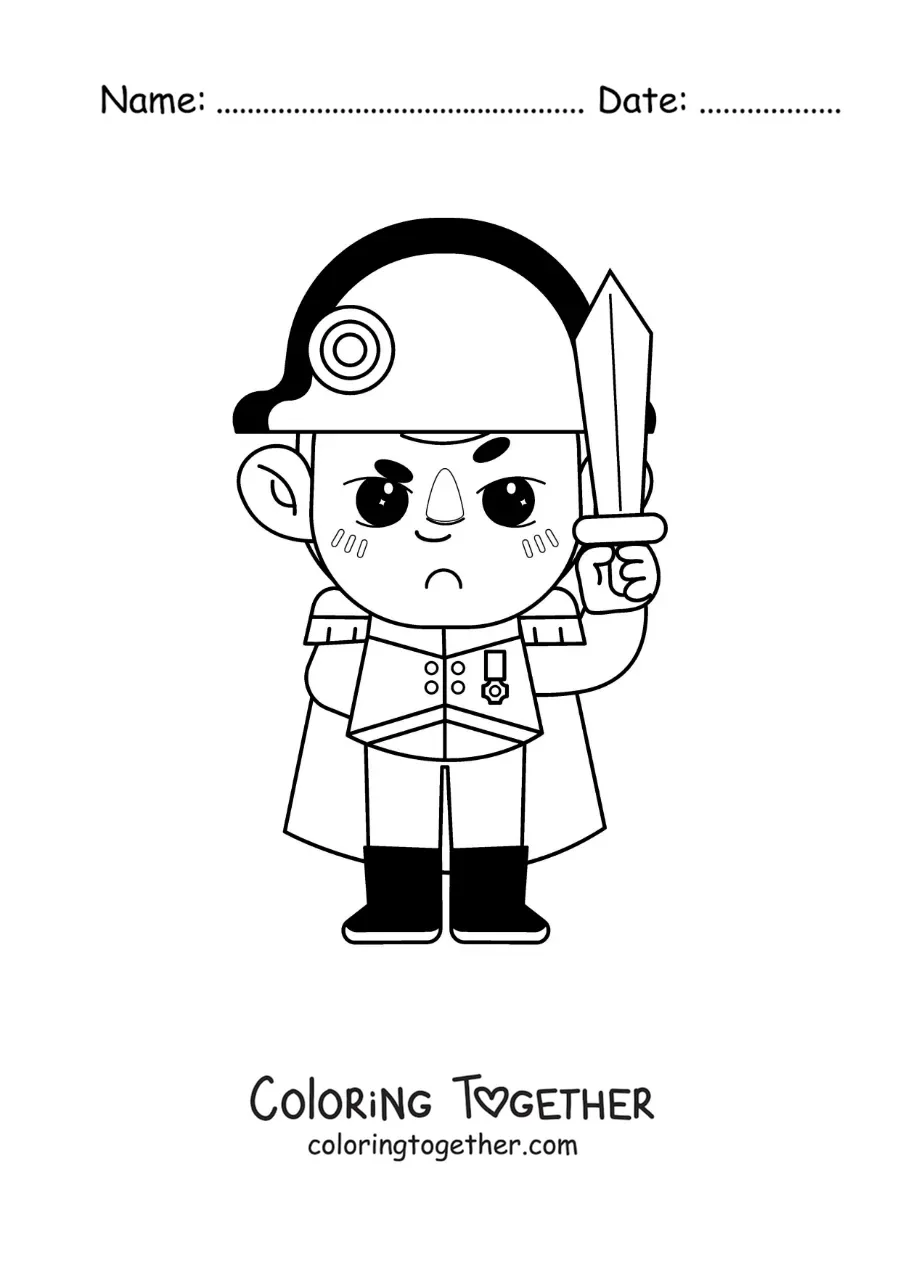 Coloring page of a cartoon of Napoleon Bonaparte with his sword