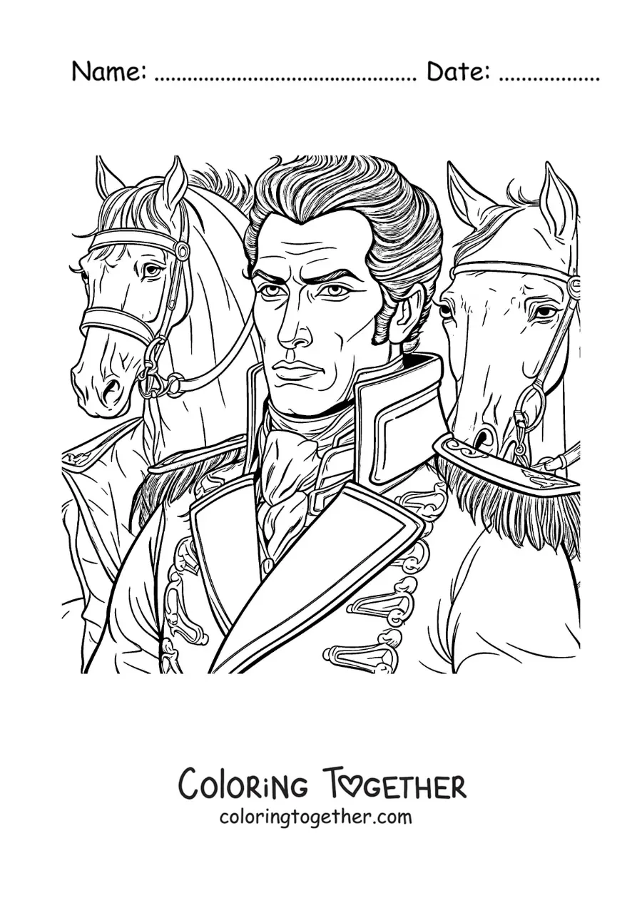 Coloring page of Simon Bolivar in a battle with horses
