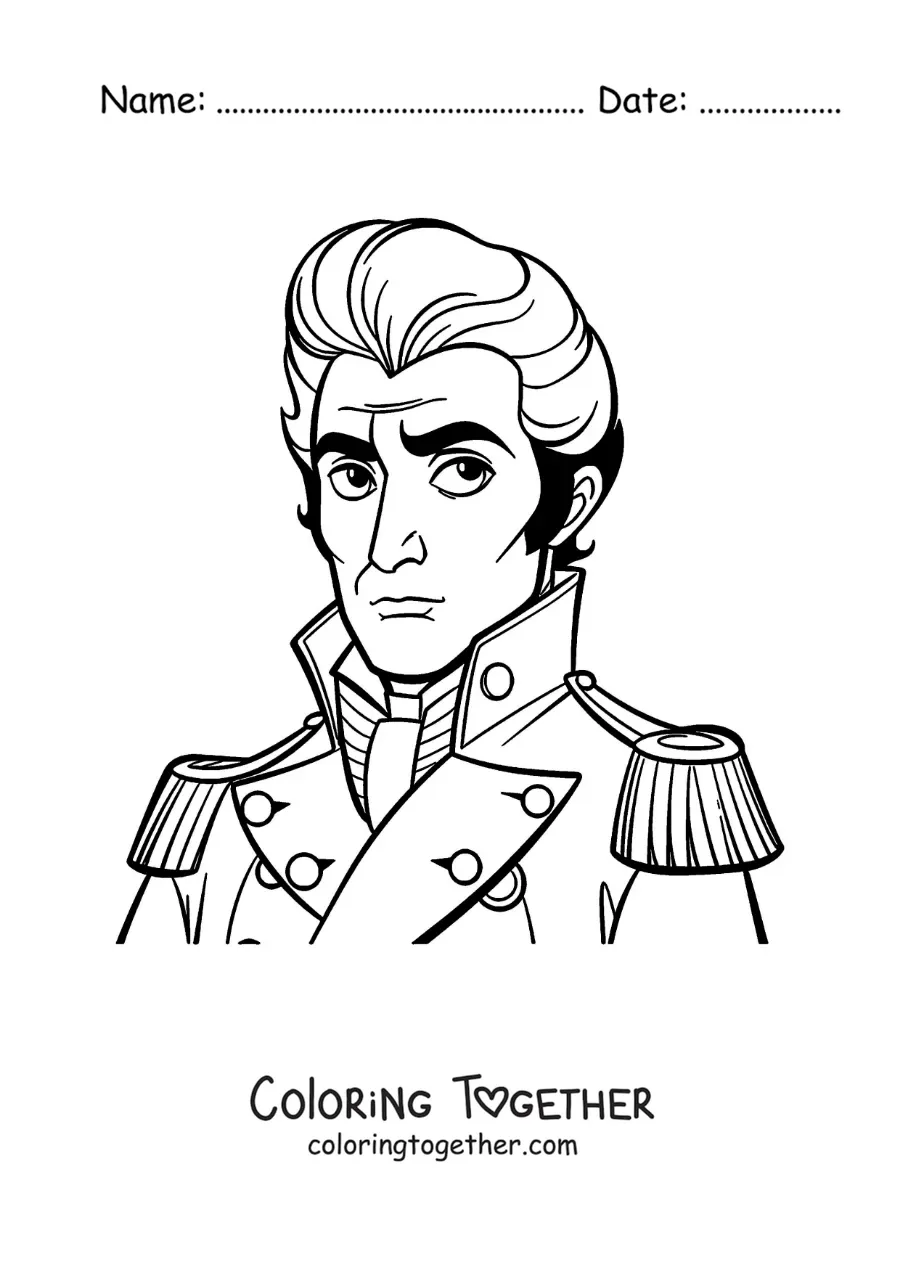 Coloring page of an animated Simon Bolivar in cartoon style