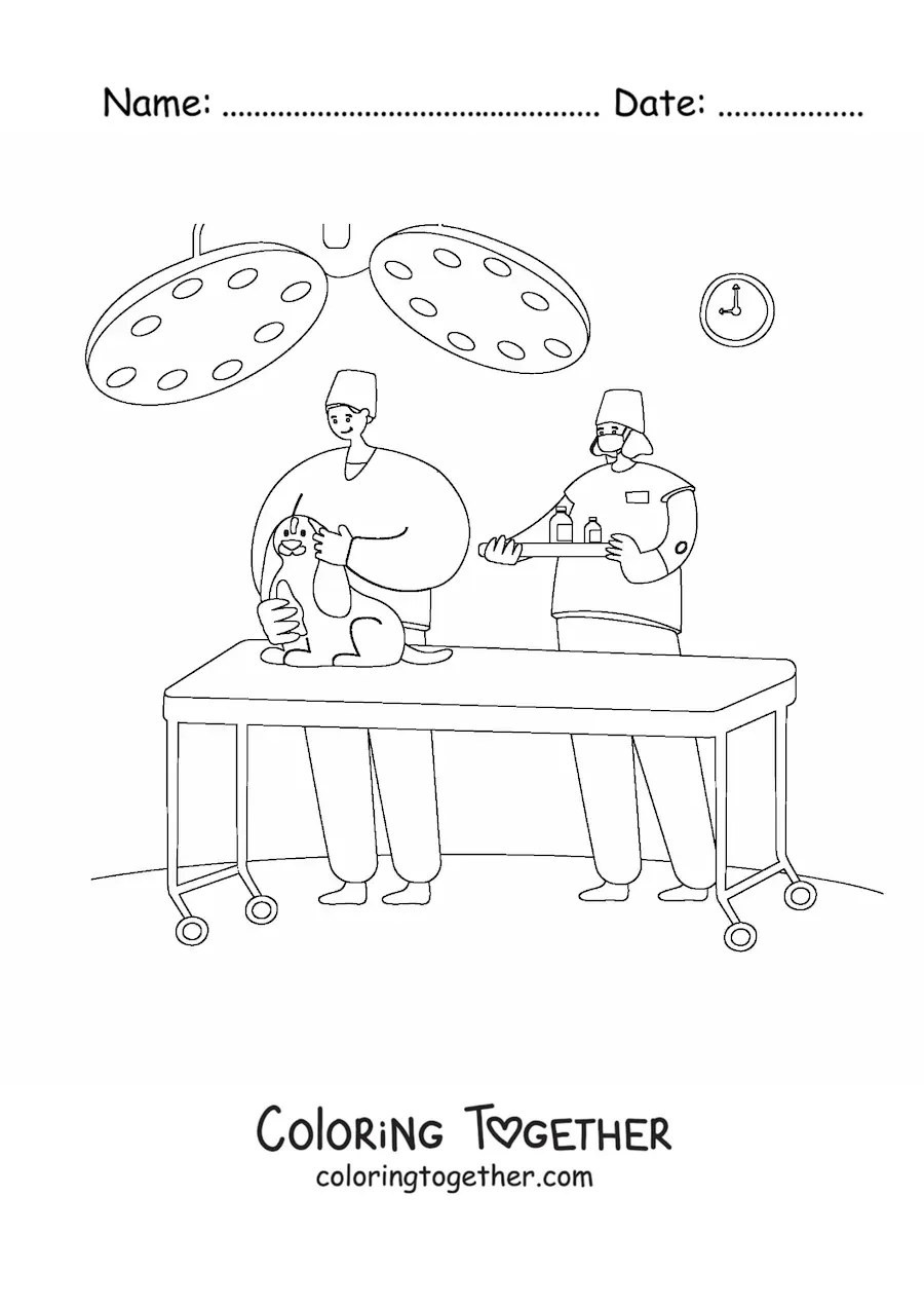 Coloring page of a dog and two vets in the operating room