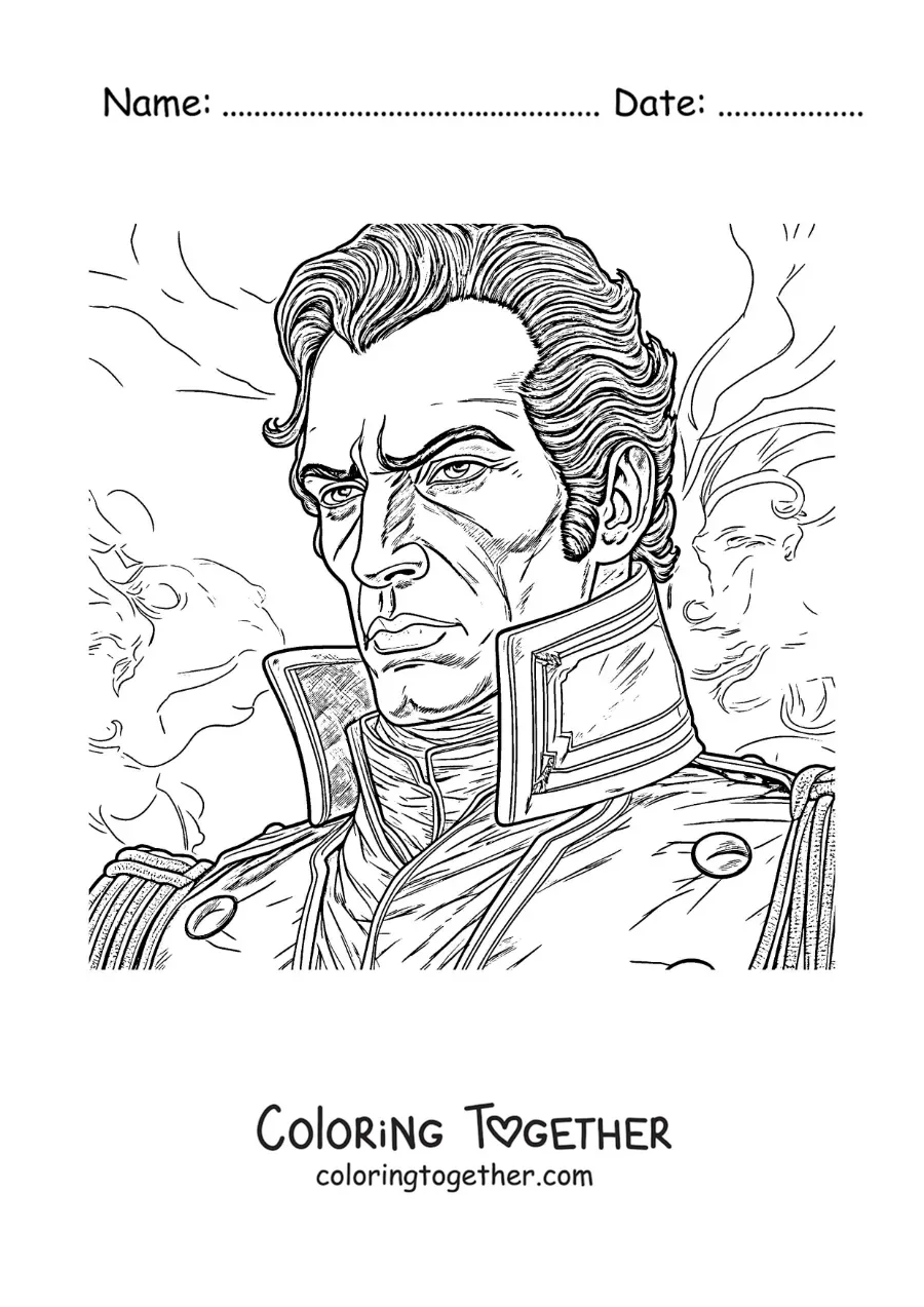 Coloring page of a recreation of Simon Bolivar's face