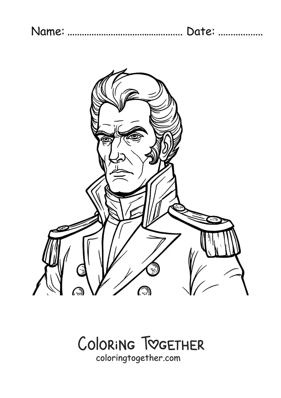 Coloring page of an animated Simon Bolivar in his uniform