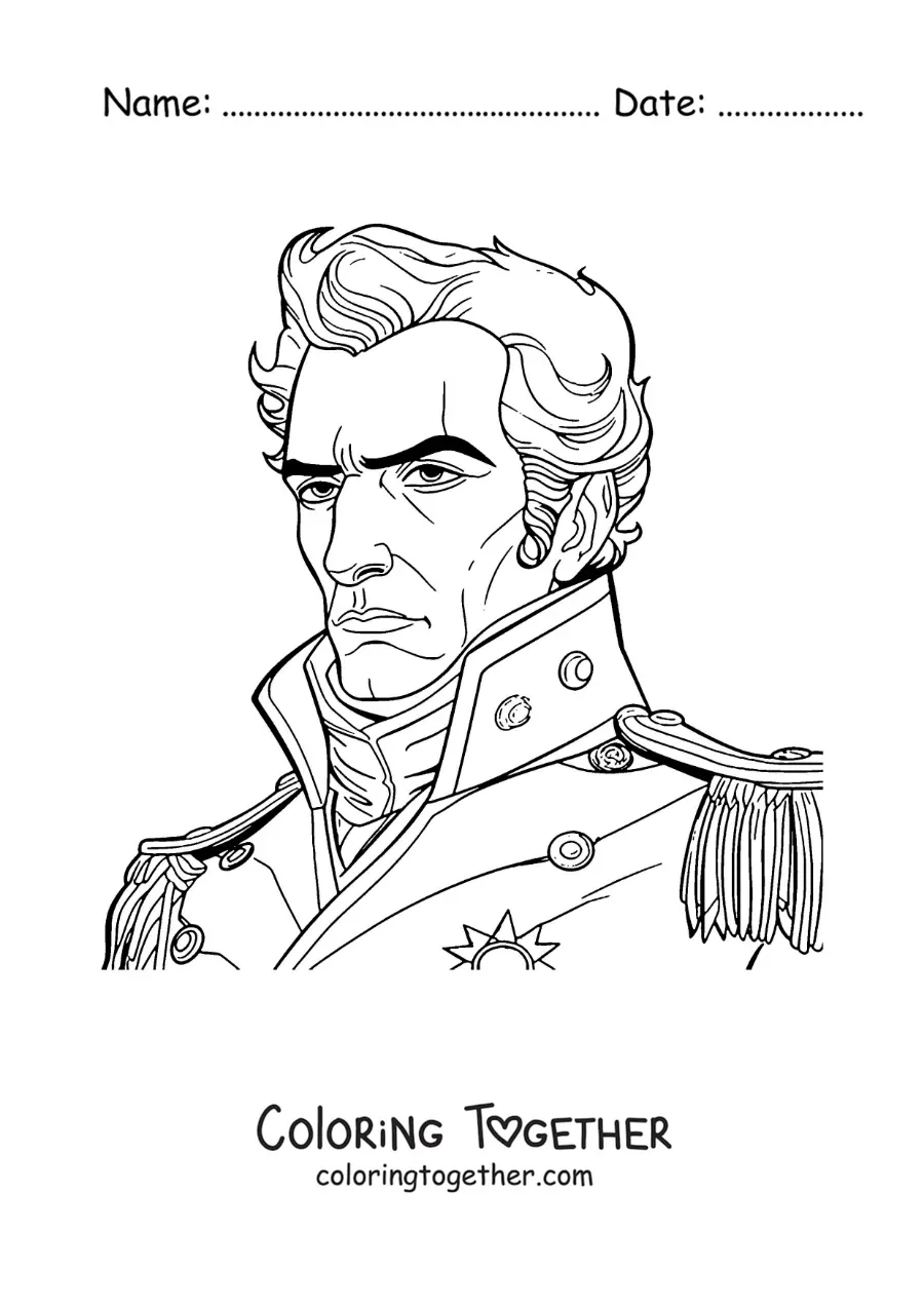 Coloring page of an animated Simon Bolivar as the Liberator