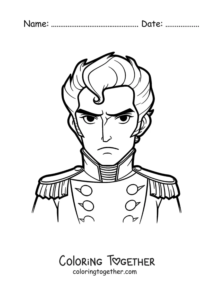 Coloring page of an animated Simon Bolivar for kids