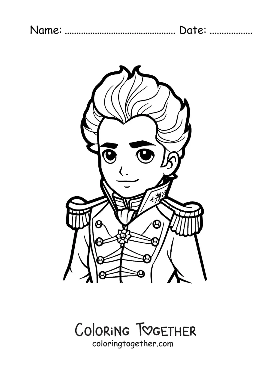 Coloring page of a kawaii Simon Bolivar in his youth