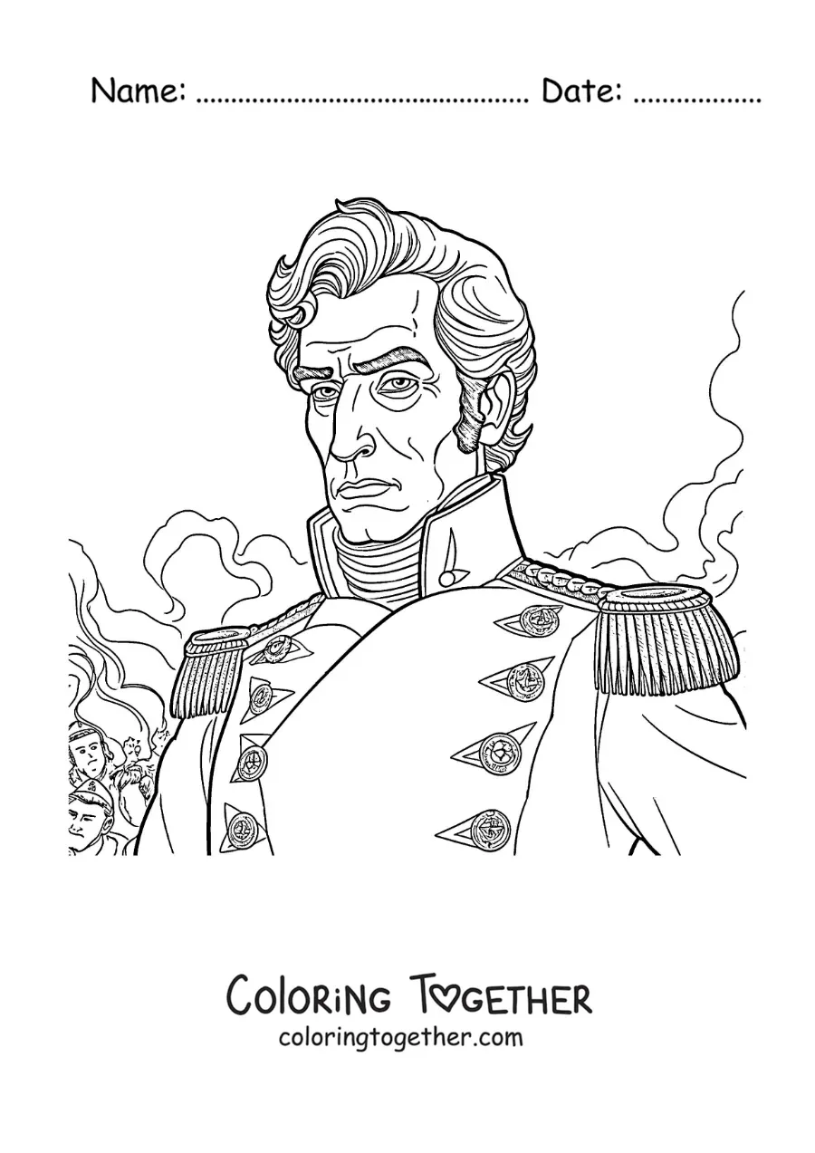 Coloring page of Simon Bolivar in a battle