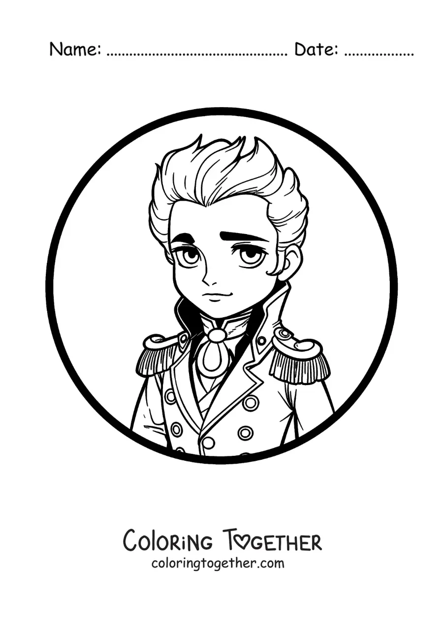 Coloring page of a kawaii Simon Bolivar in anime style