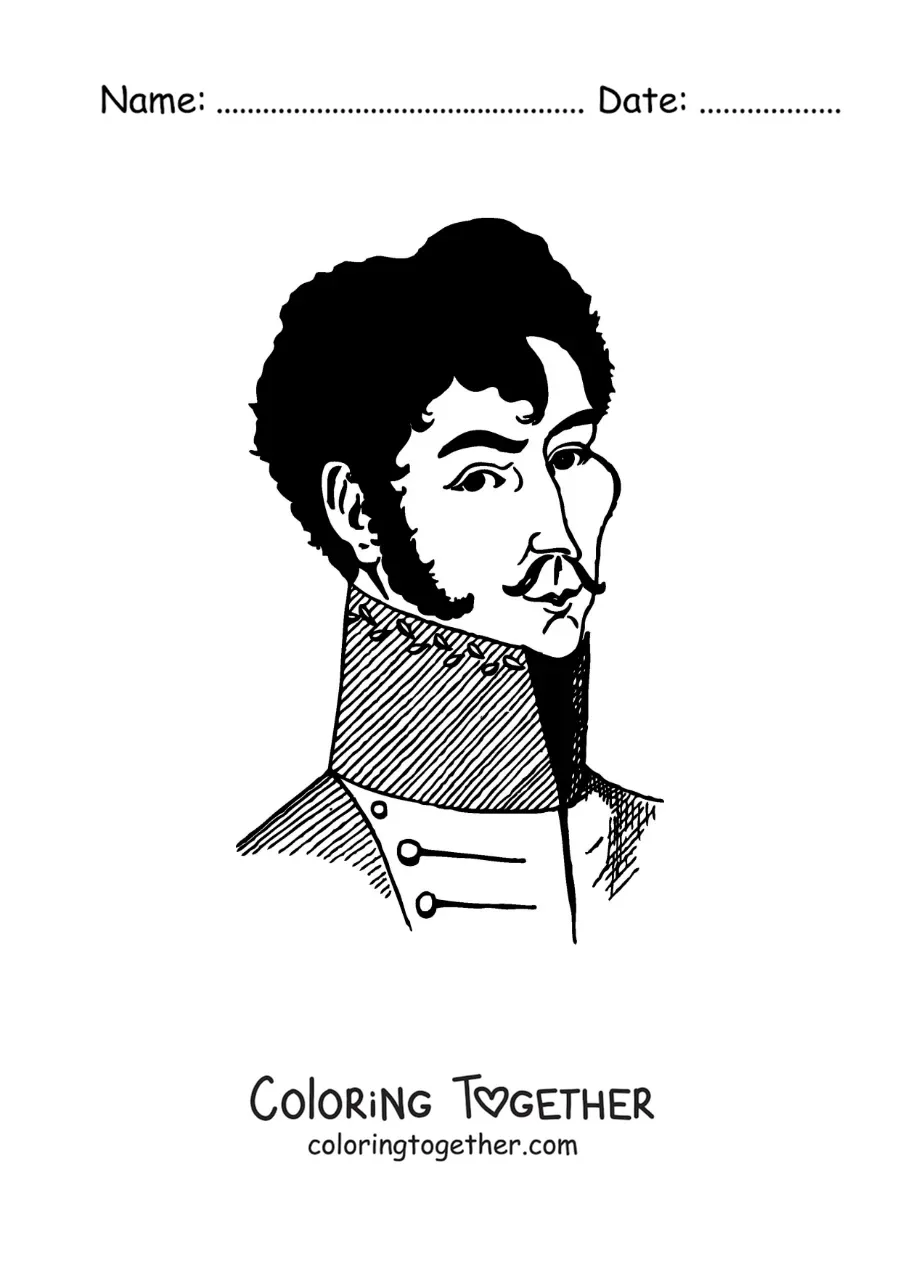 Coloring page of the real Simon Bolivar with a mustache