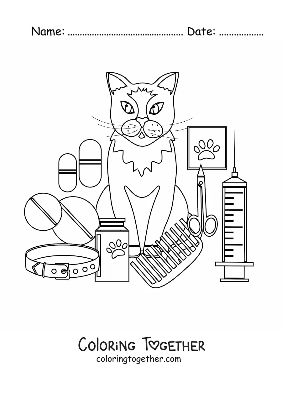 Coloring page of a cat next to the vet's instruments