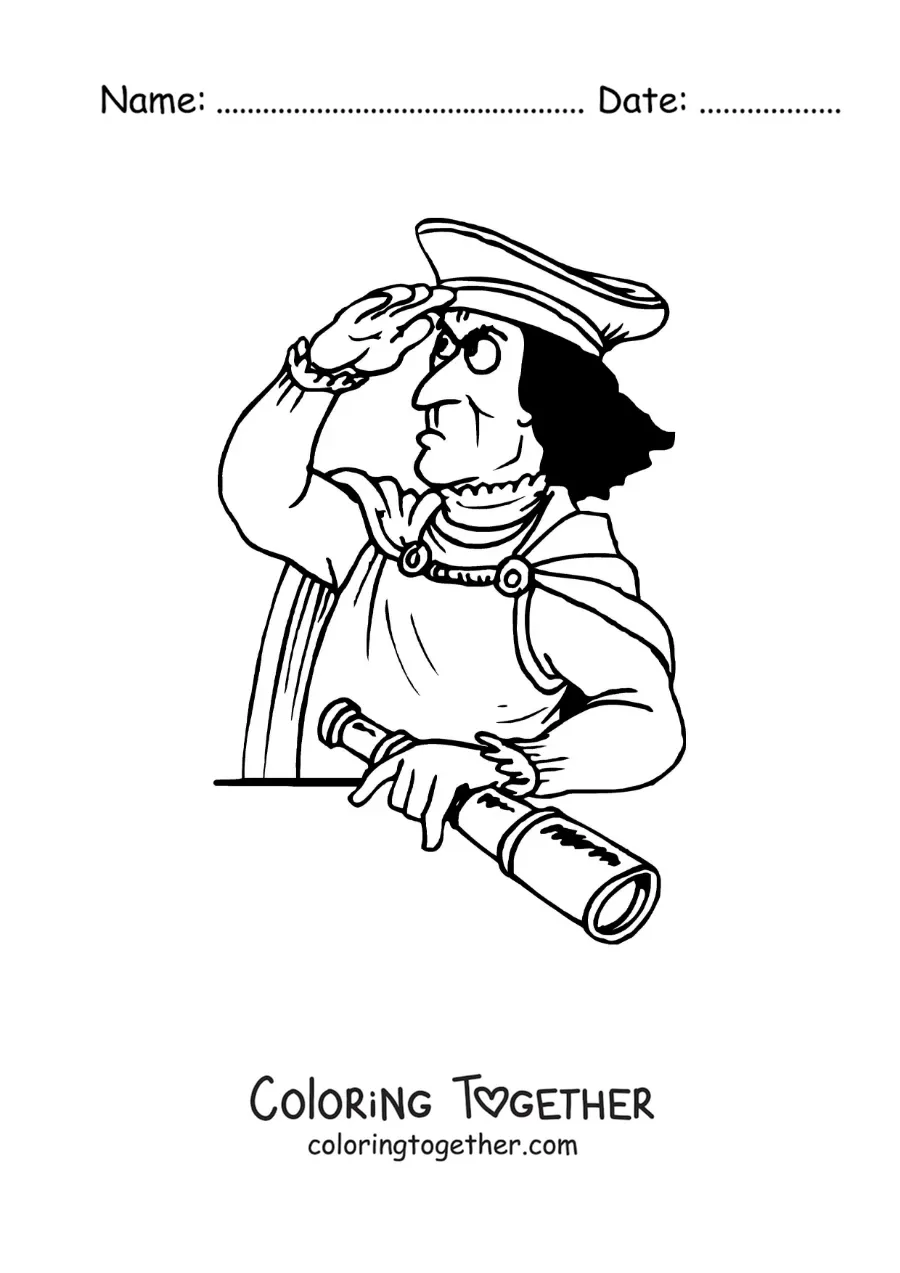 Coloring page of a cartoon of Christopher Columbus for kids