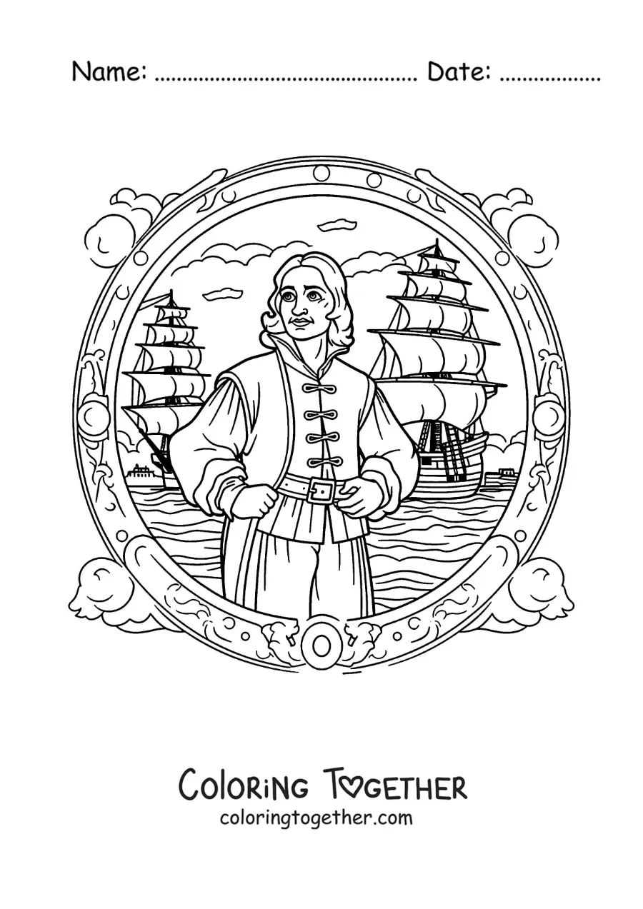 Coloring page of an animated Christopher Columbus with the caravels