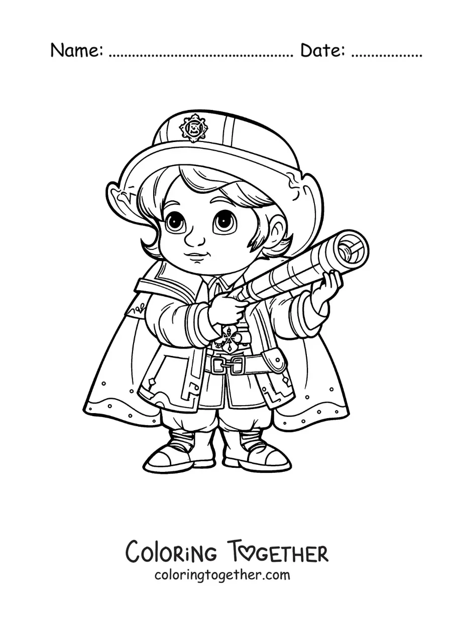 Coloring page of a kawaii boy dressed as Christopher Columbus