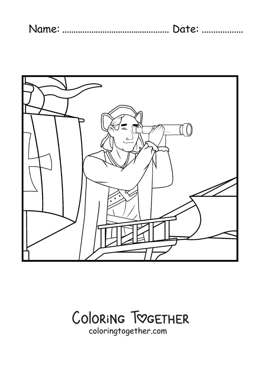 Coloring page of an animated Christopher Columbus with his spyglass