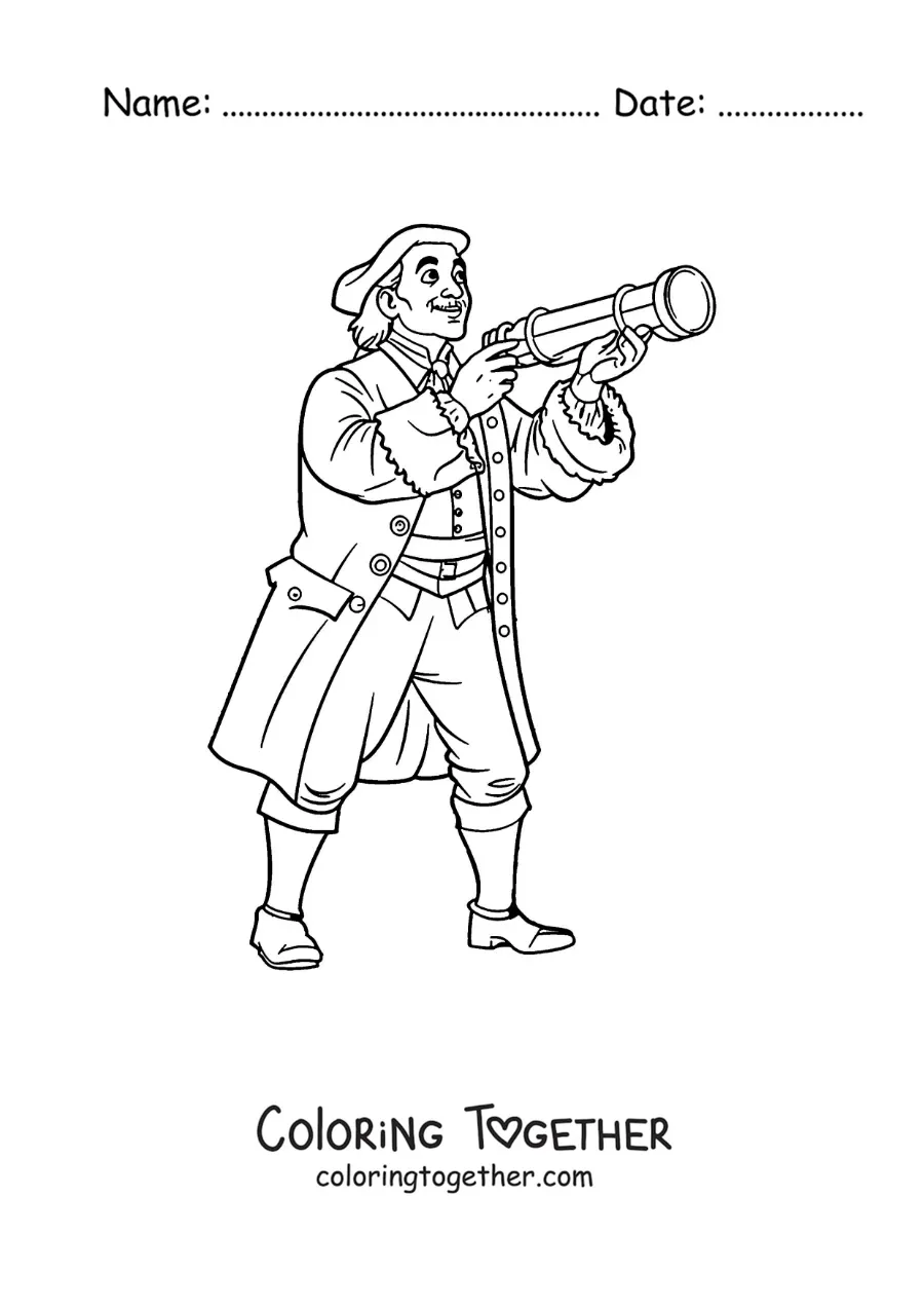 Coloring page of Christopher Columbus with a spyglass in cartoon style