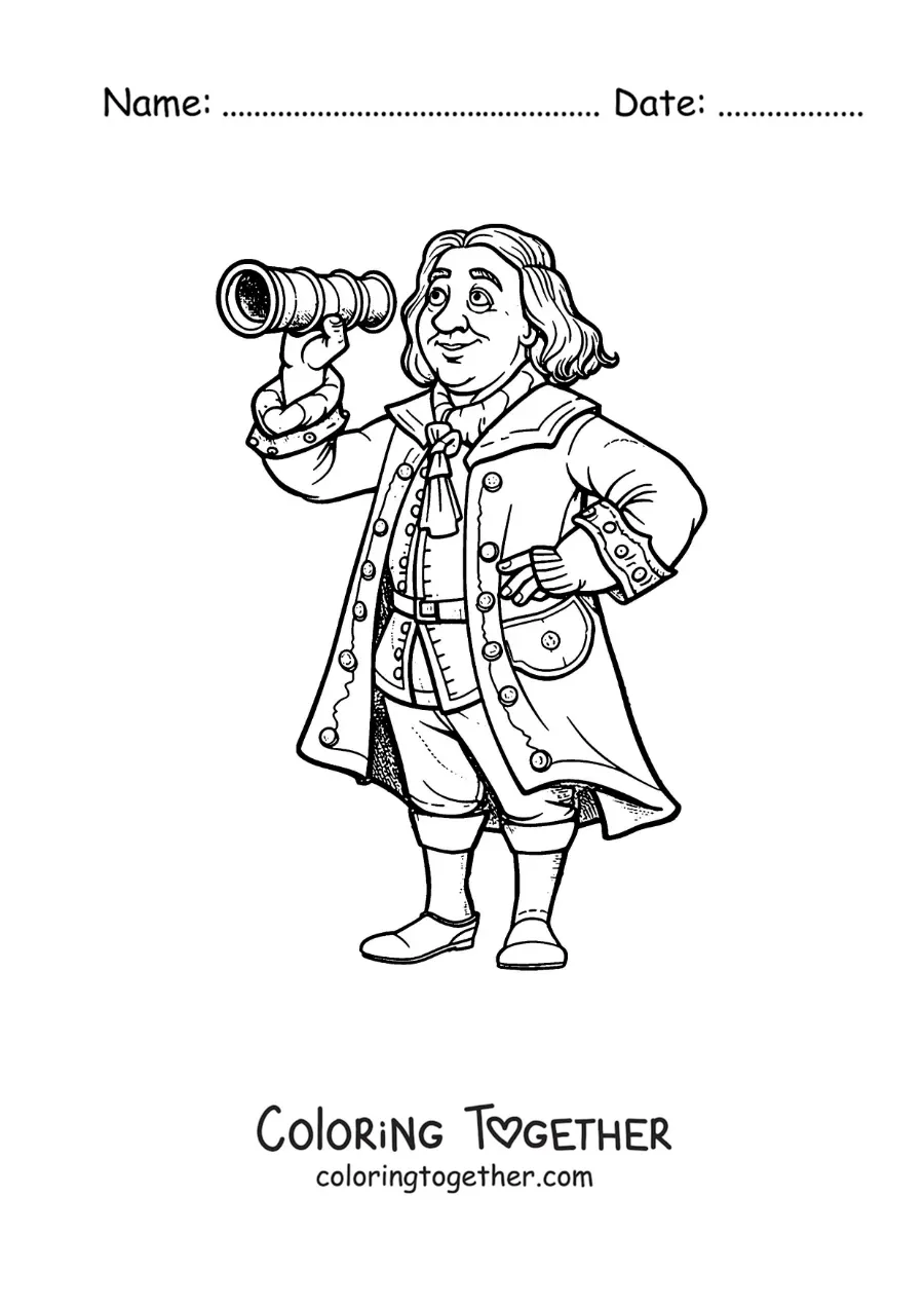 Coloring page of an animated Christopher Columbus looking through a spyglass