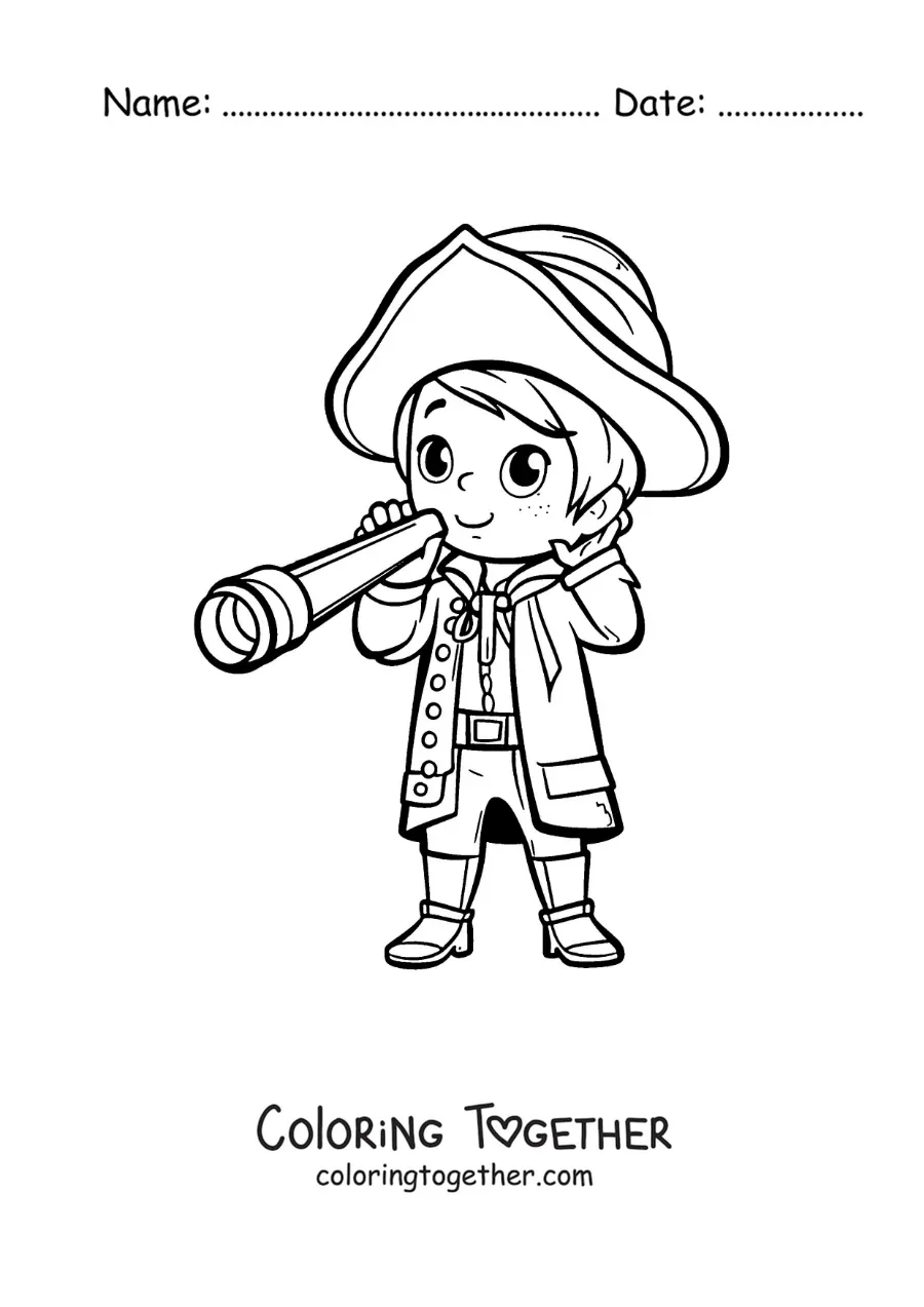 Coloring page of a kawaii Christopher Columbus with a spyglass