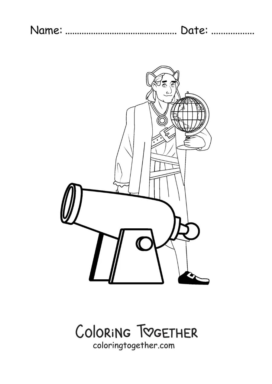 Coloring page of an animated Christopher Columbus with a cannon and a globe