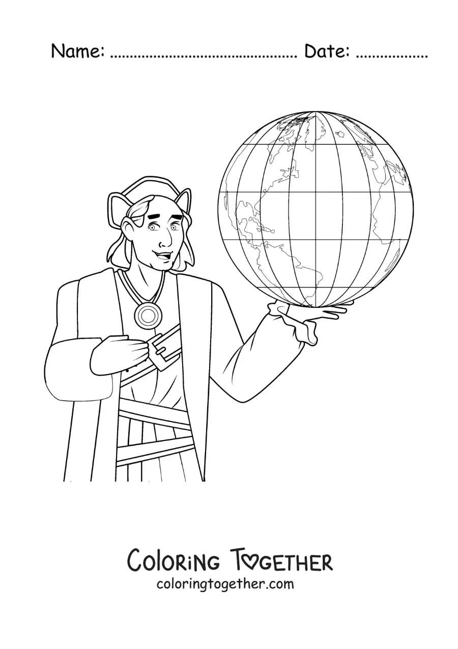 Coloring page of an animated Christopher Columbus with a globe