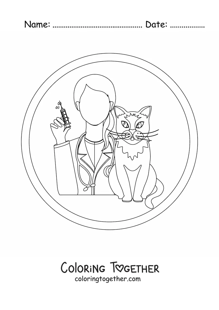 Coloring page of a woman vet and a cat