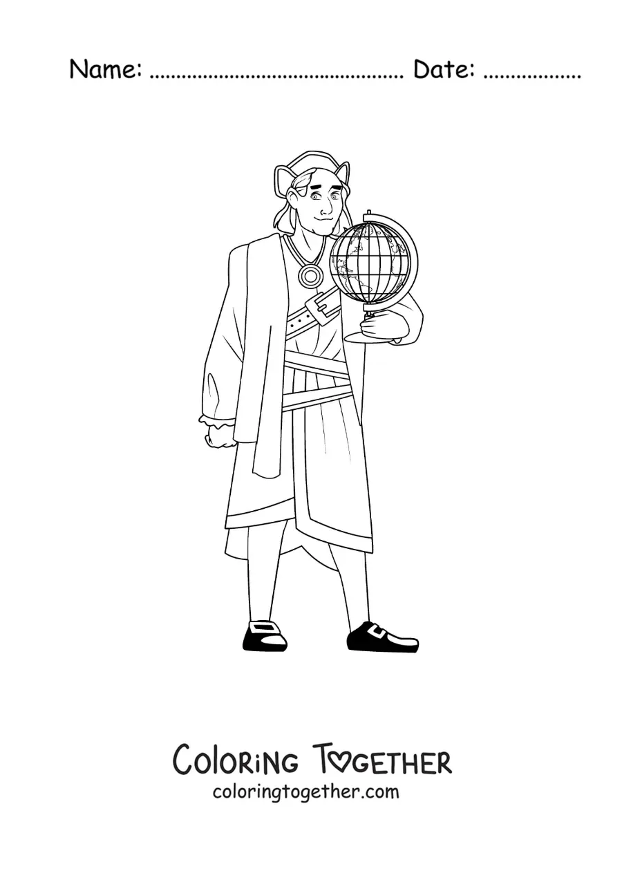 Coloring page of Christopher Columbus in cartoon style with a globe