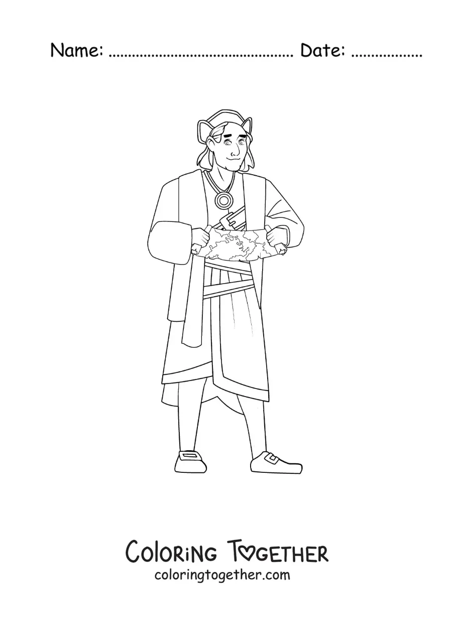 Coloring page of an animated Christopher Columbus with a map