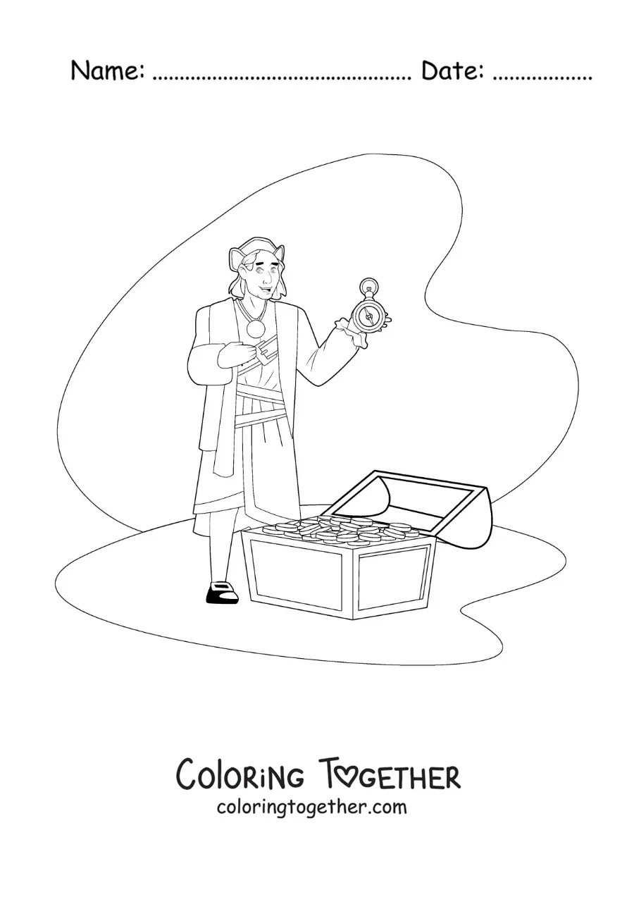 Coloring page of an animated Christopher Columbus with a treasure