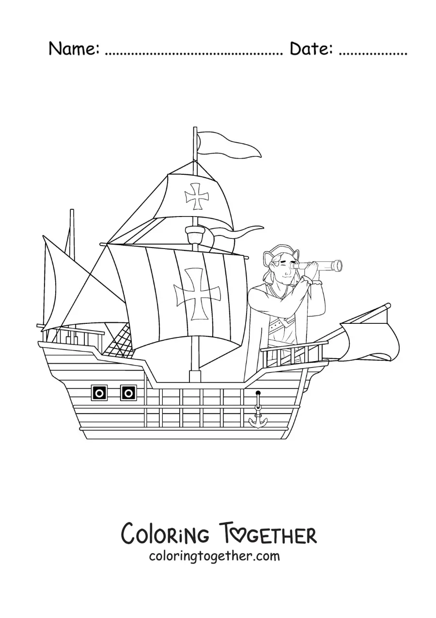 Coloring page of Christopher Columbus arriving in America on his ship
