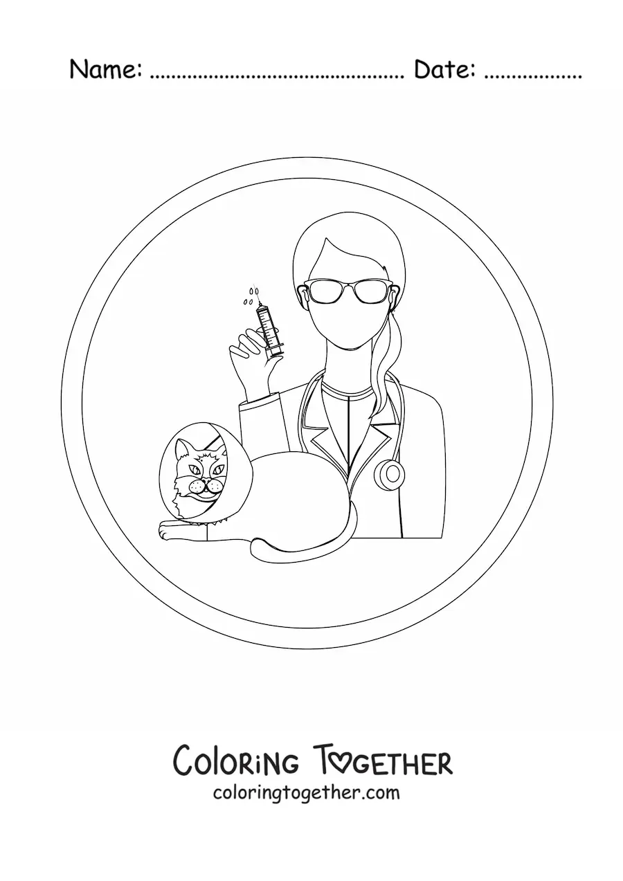 Coloring page of a woman vet and a cat with a cone collar