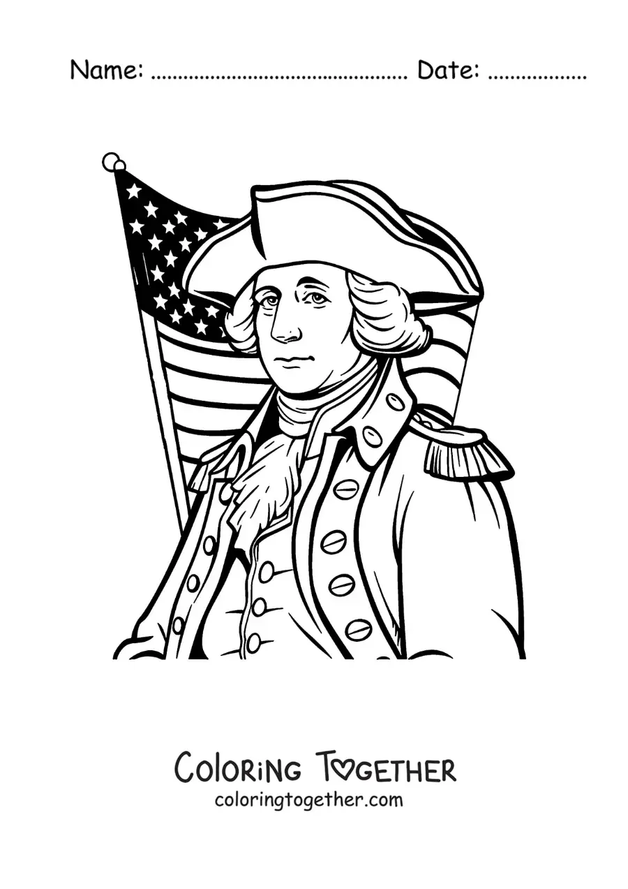 Coloring page of cartoon George Washington with the United States flag