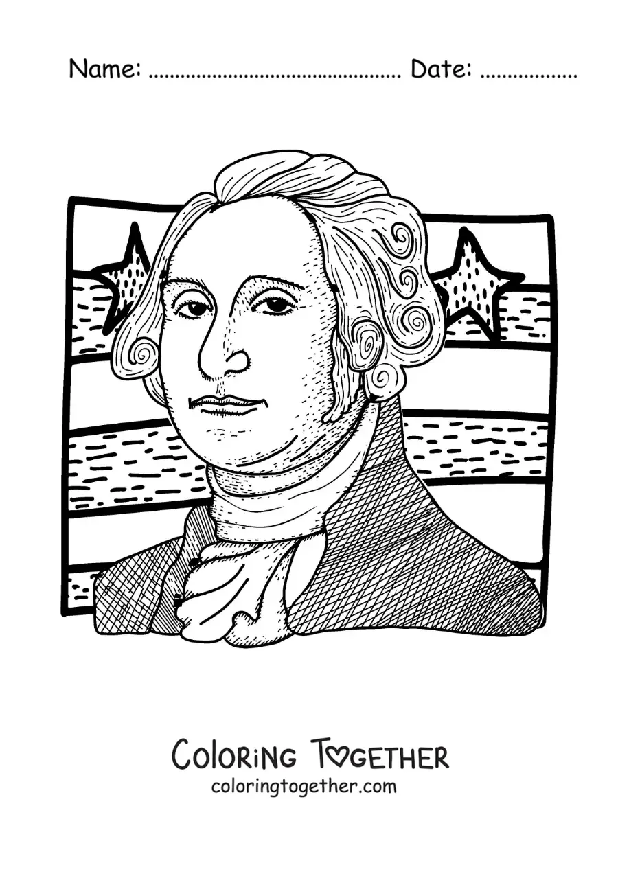Coloring page of George Washington with the United States flag made easy