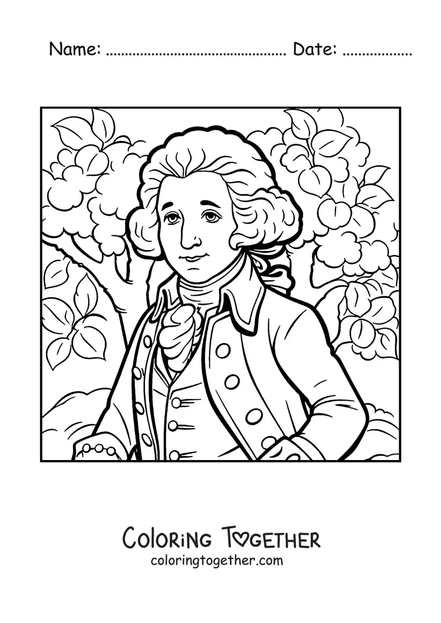 Coloring page of cartoon George Washington with a cherry tree