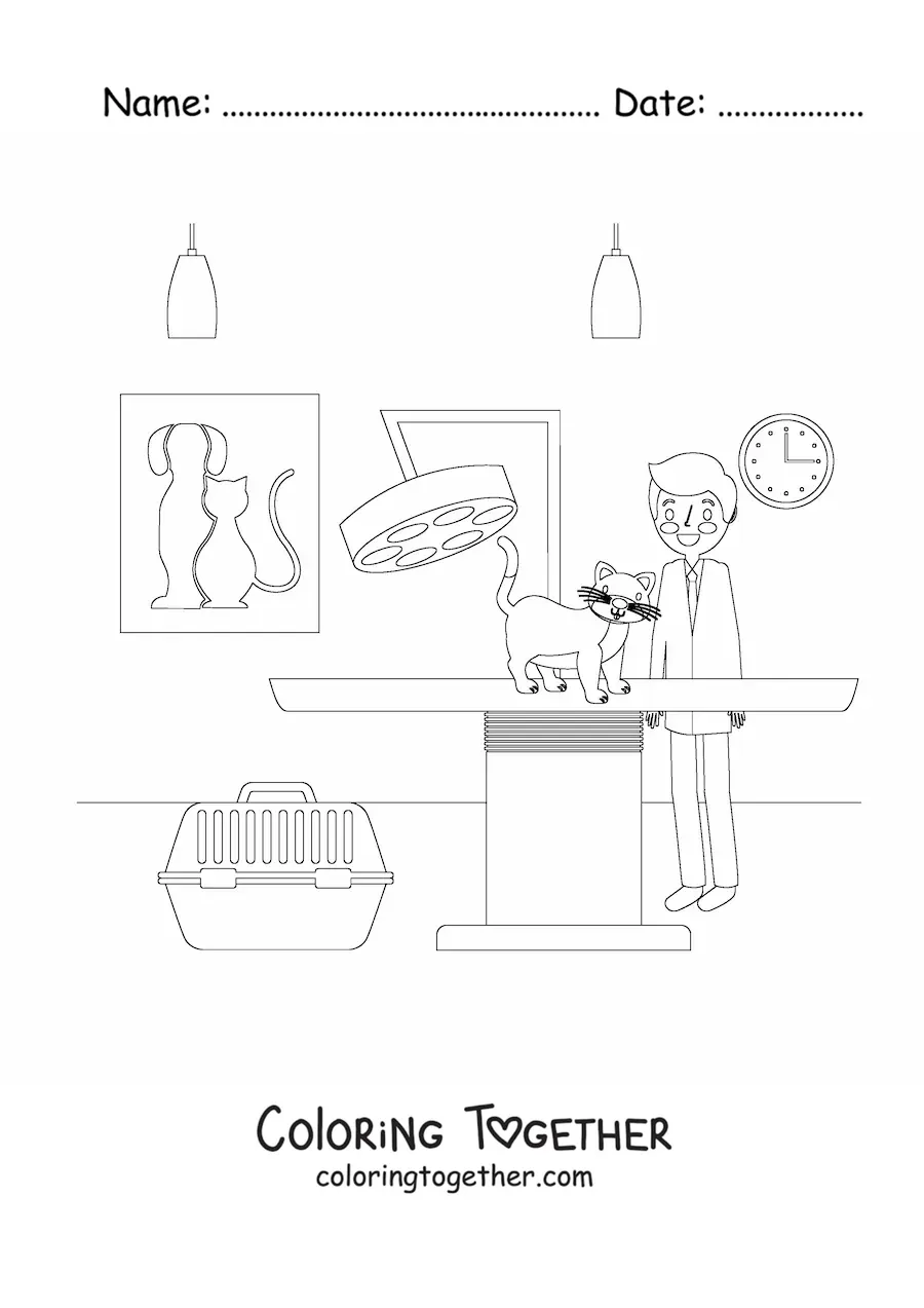 Coloring page of a vet and a cat at the veterinary clinic