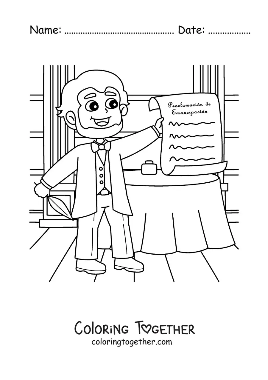 Coloring page of cartoon Abraham Lincoln with the Emancipation Proclamation