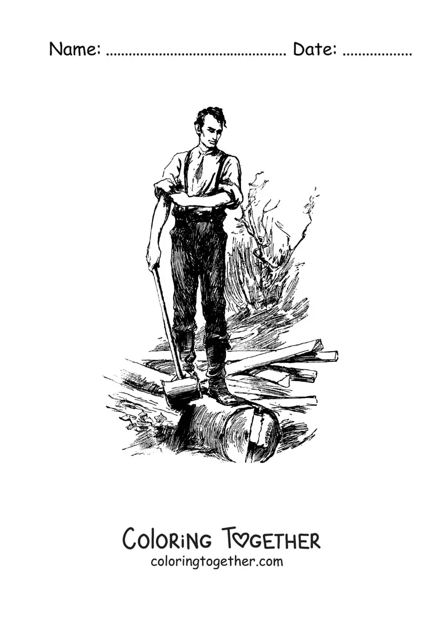 Coloring page of Abraham Lincoln chopping a tree