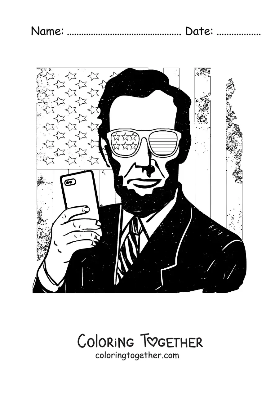 Coloring page of modern Abraham Lincoln with glasses and the United States flag