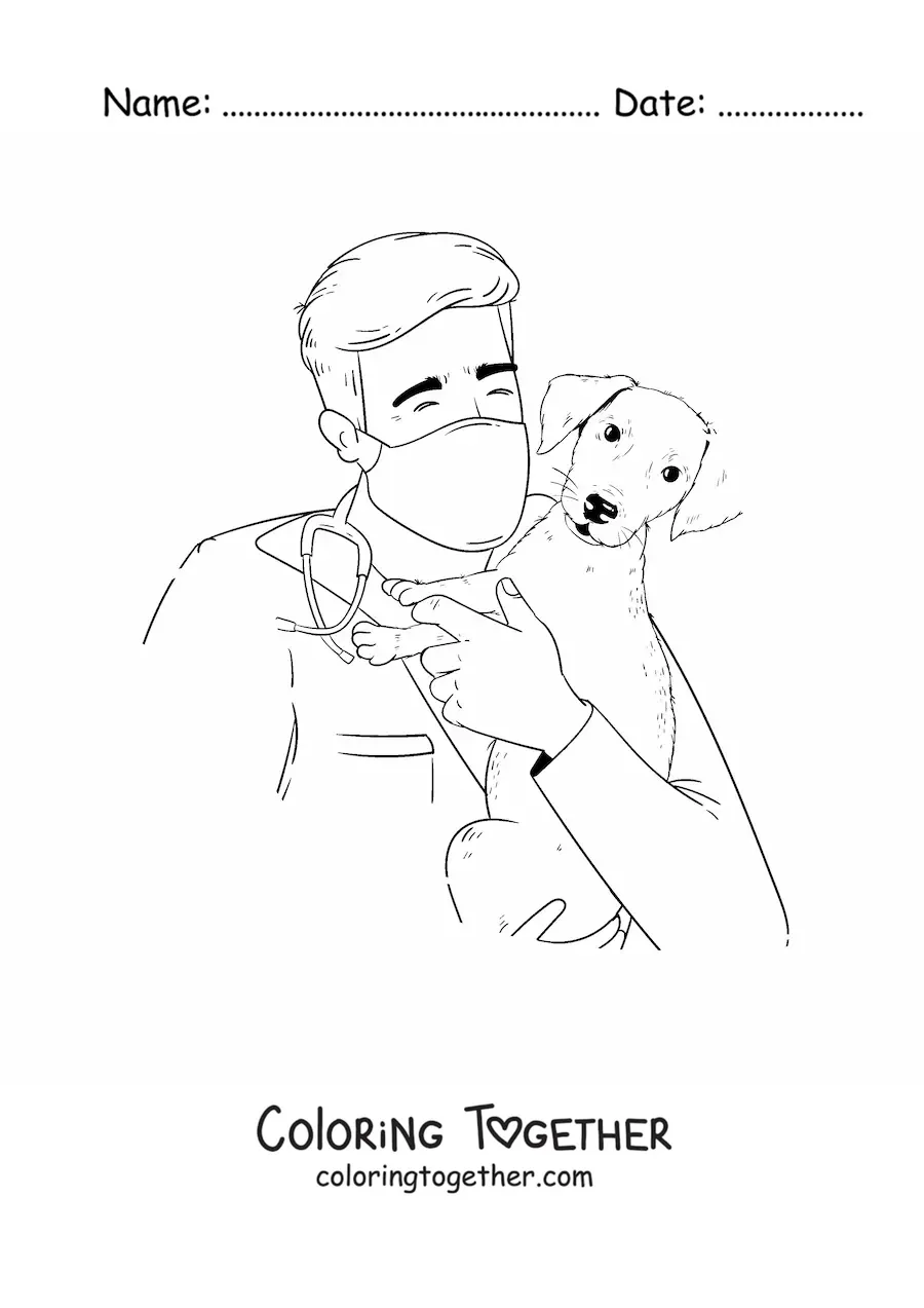 Coloring page of a vet holding a puppy