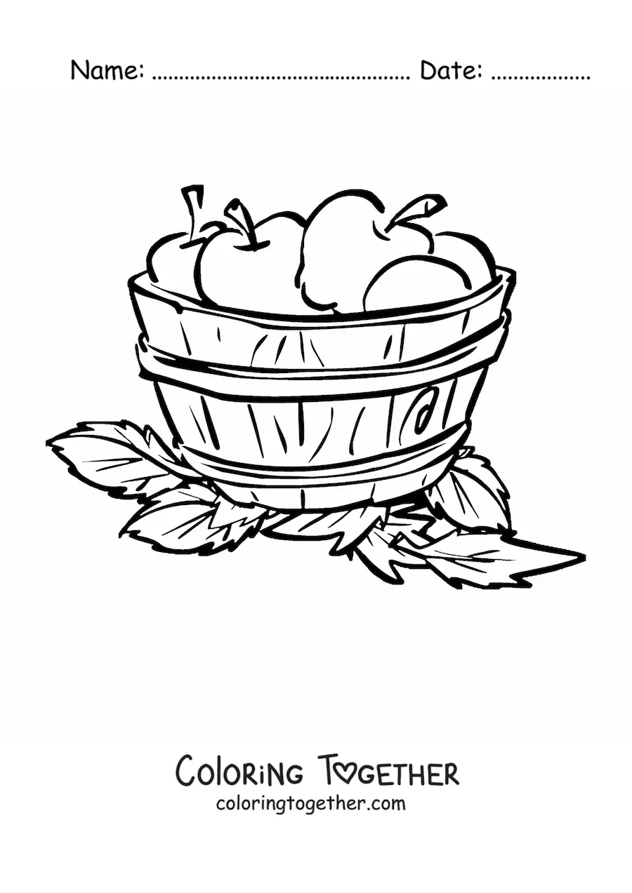 Coloring page of a wooden bucket full of apples and surrounded by leaves