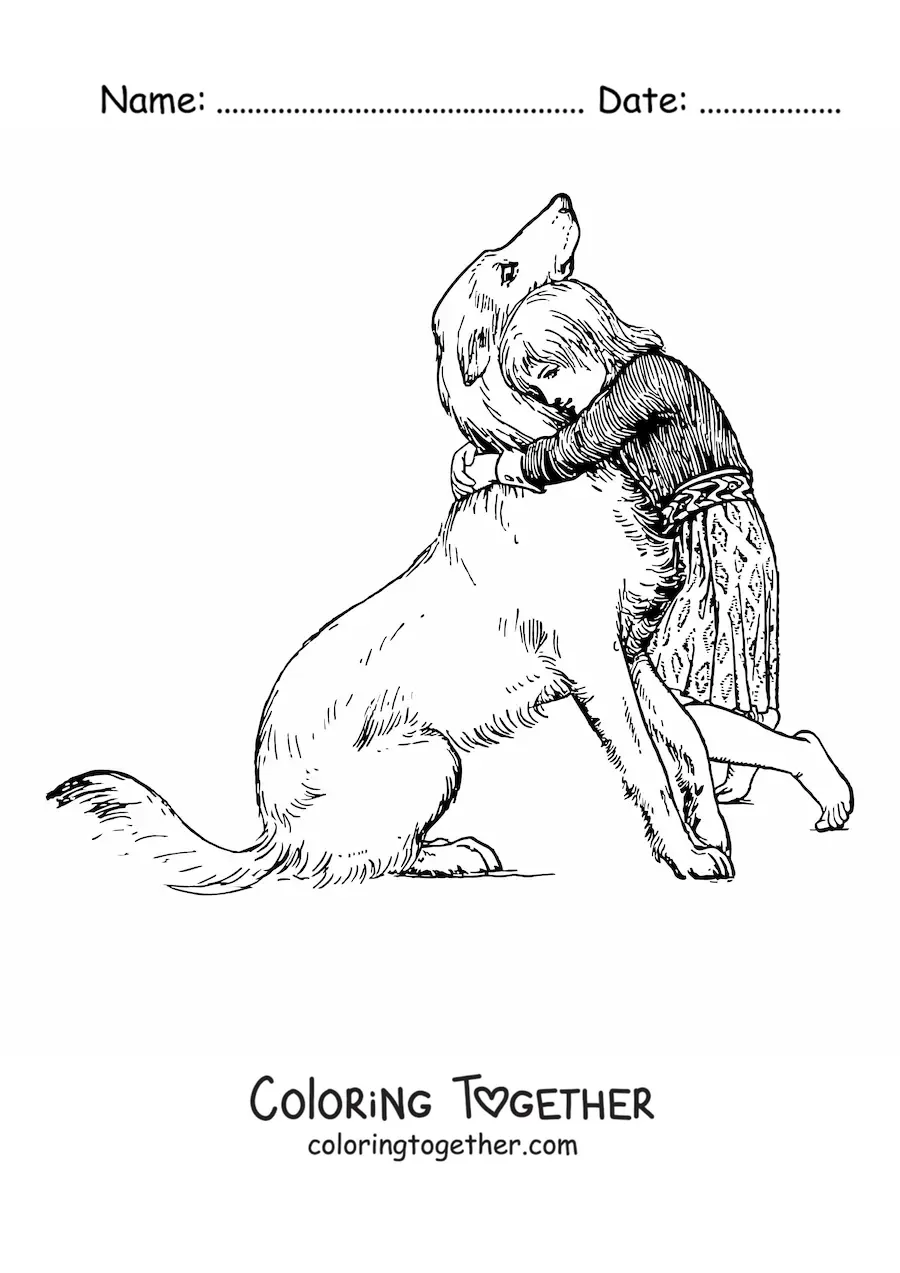 Coloring page of a girl hugging a sitting dog