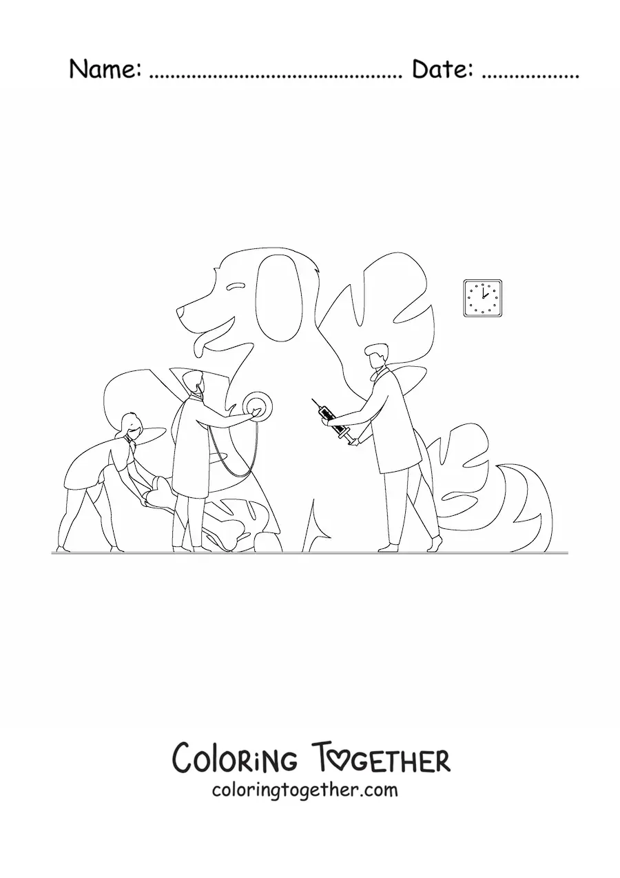 Coloring page of several vets healing a giant dog