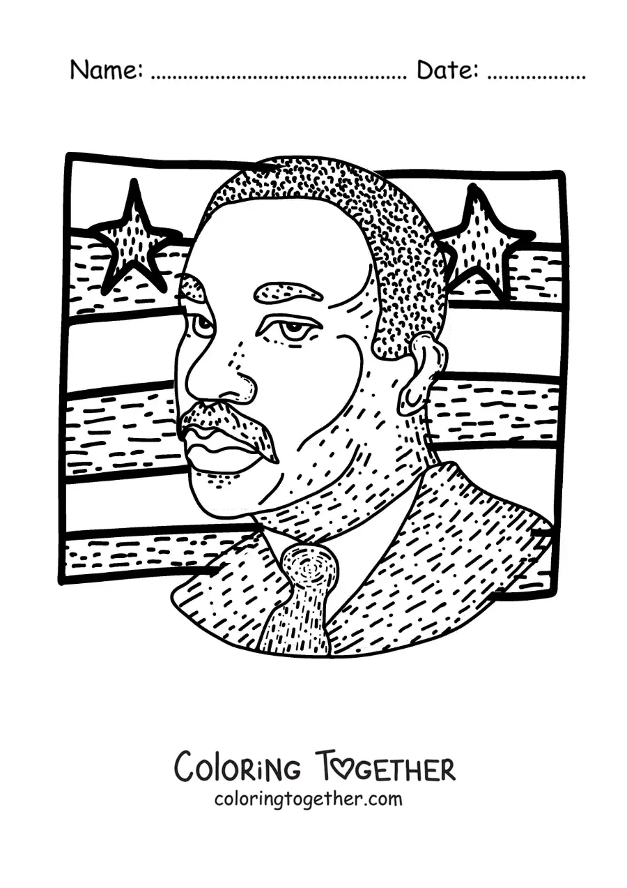 Coloring page of a Martin Luther King cartoon with the United States flag