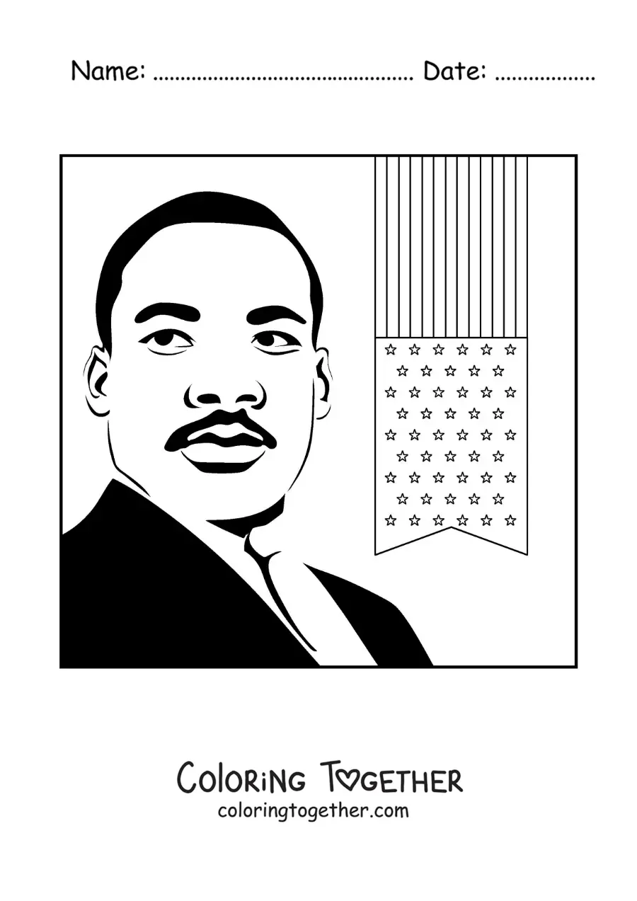Coloring page of a portrait of Martin Luther King with the USA flag