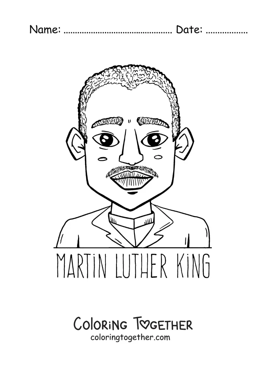 Coloring page of a Martin Luther King cartoon with his name