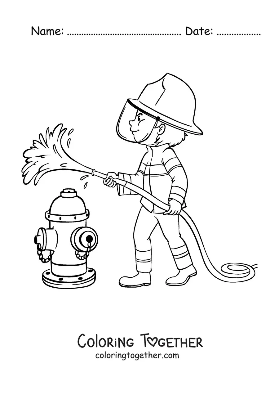 Coloring page of a firefighter putting out a fire with a hose