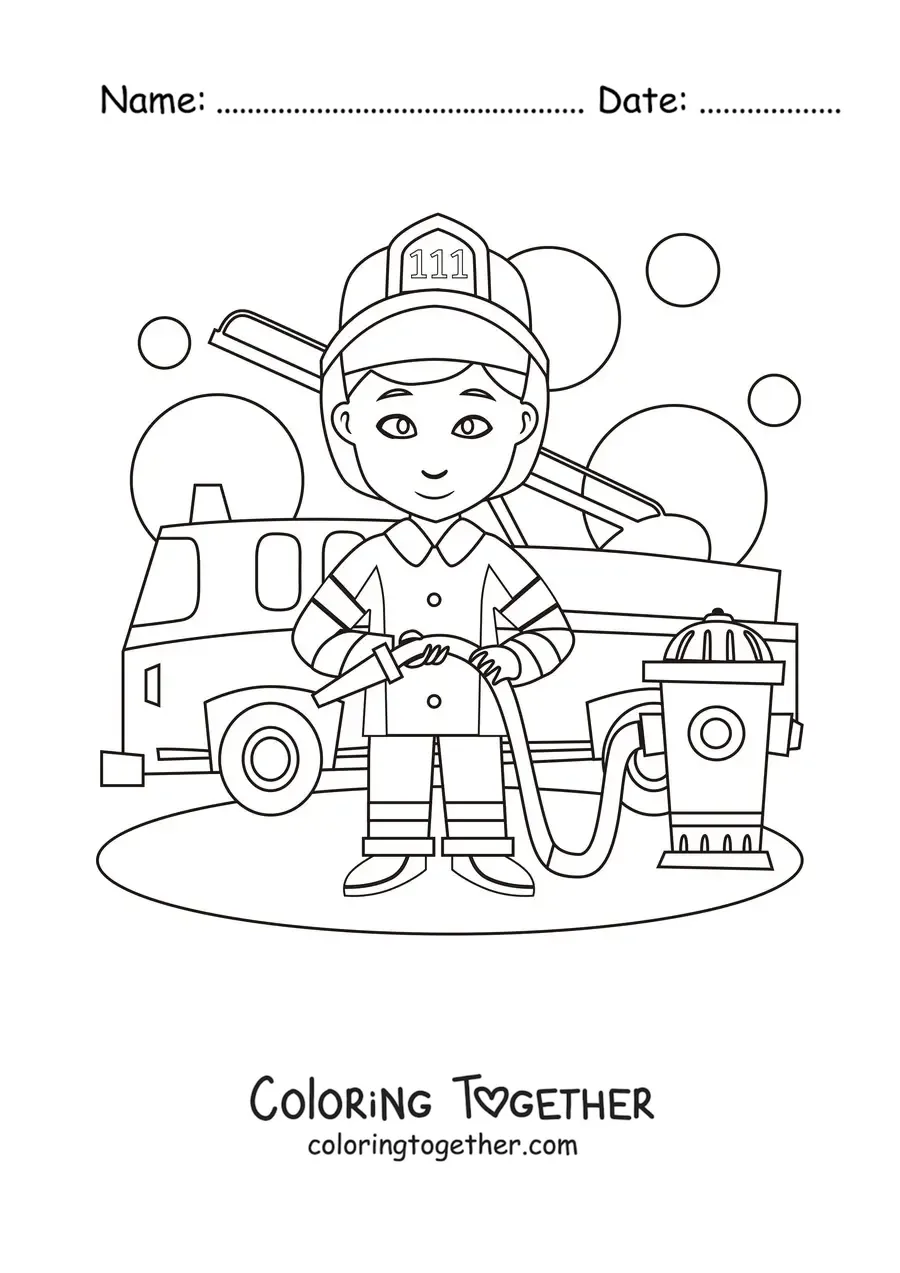 Coloring page of an animated firefighter next to a fire truck
