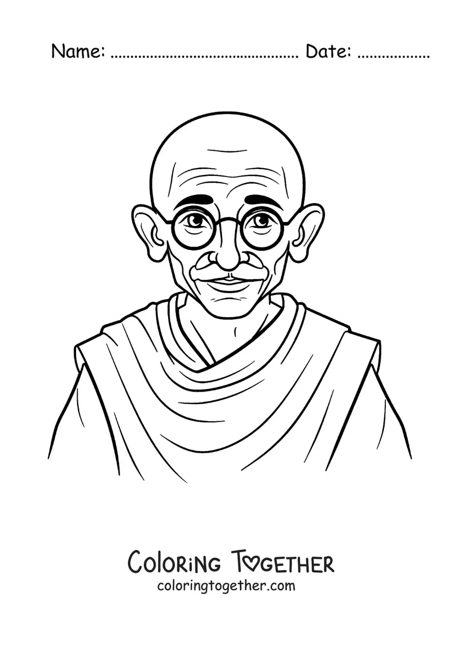 Coloring page of a cartoon portrait of Mahatma Gandhi