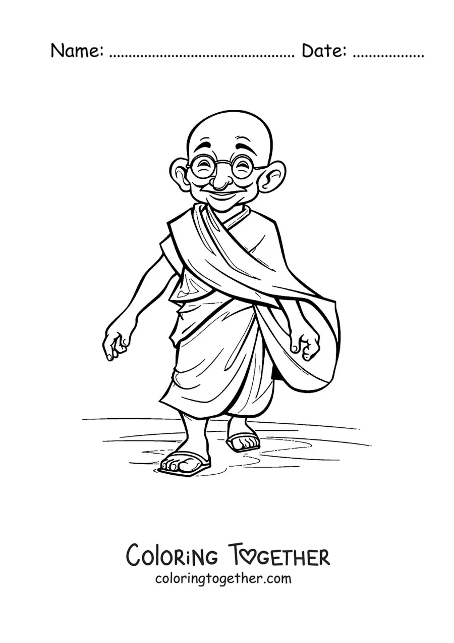 Coloring page of a cartoon of Mahatma Gandhi walking
