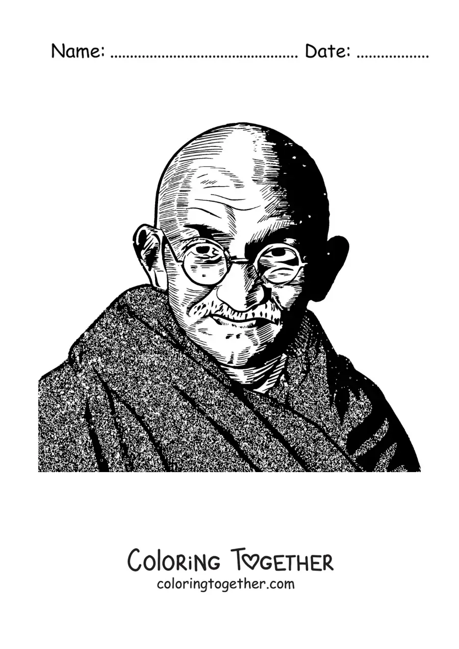 Coloring page of a realistic portrait of Mahatma Gandhi