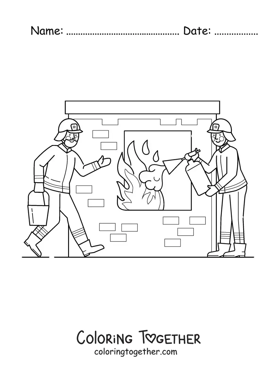 Coloring page of two firefighters putting out a fire