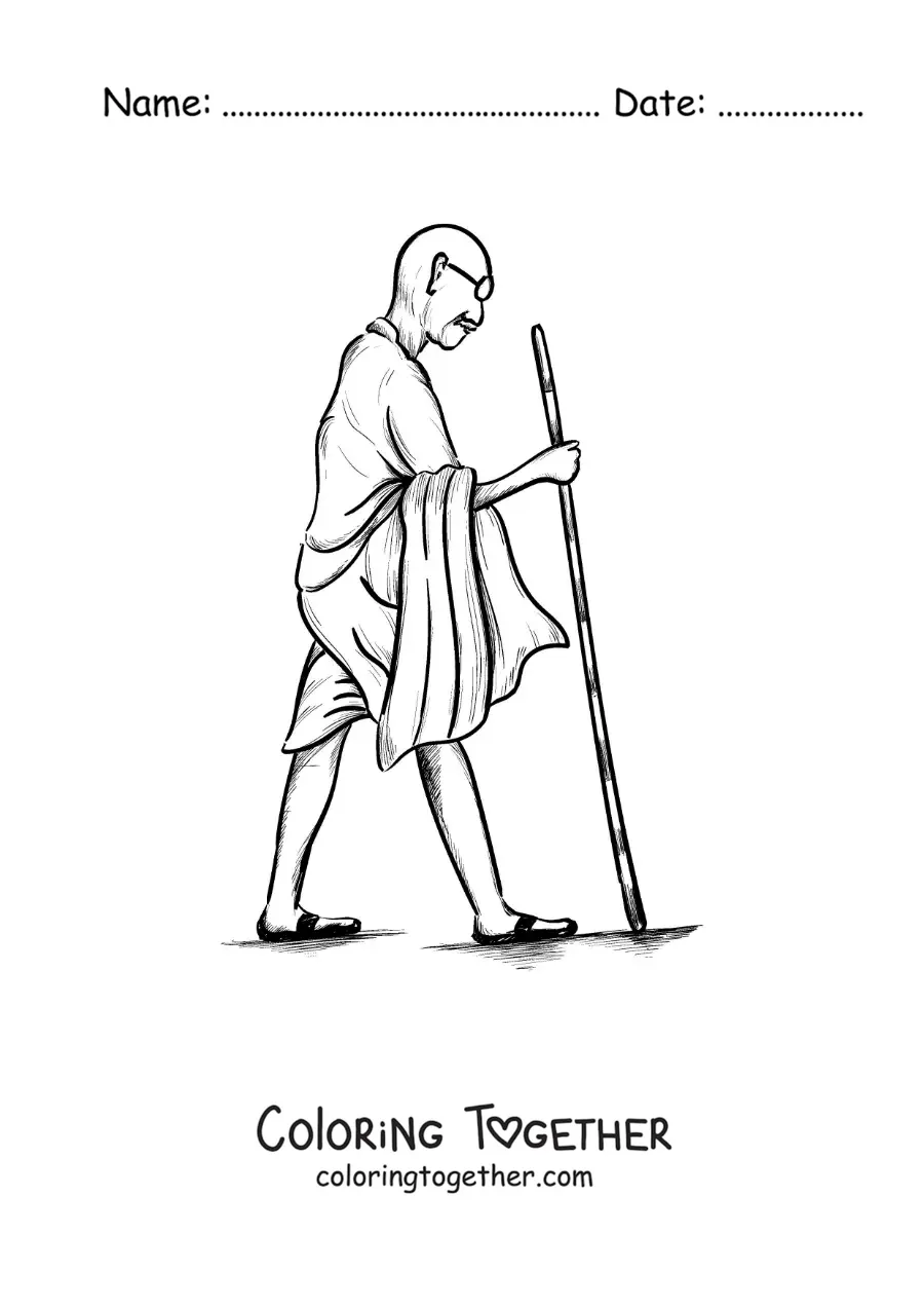 Coloring page of the silhouette of Mahatma Gandhi walking